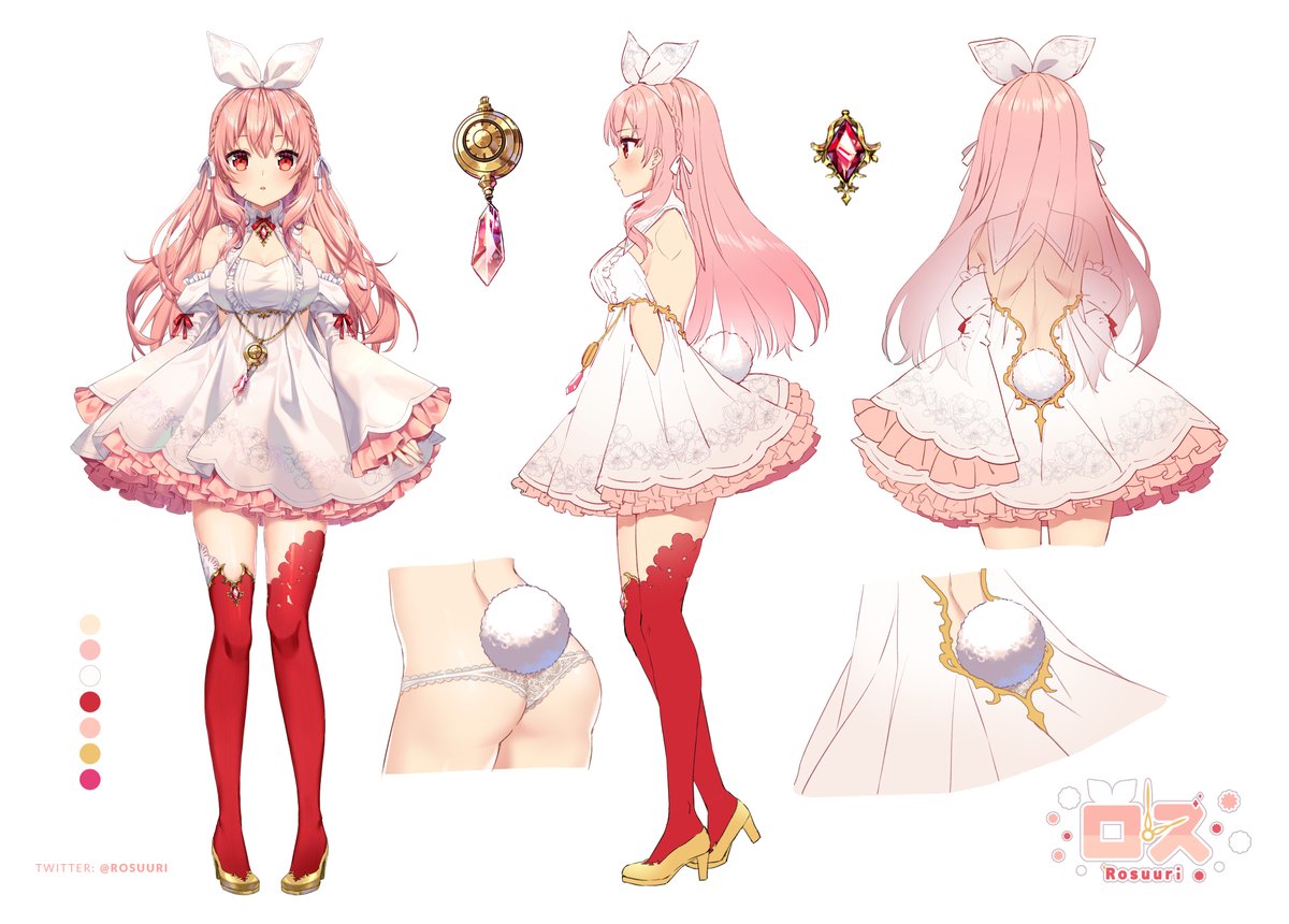 1girl artist_name atelier_live bangs bare_shoulders braid breasts bunny_tail detached_collar dress eyebrows_visible_through_hair hair_ribbon hairband high_heels indie_virtual_youtuber jewelry lace lace_panties long_hair looking_at_viewer multiple_views necklace official_art open_mouth panties pink_hair pinku red_eyes red_legwear ribbon rosuuri simple_background tail thigh-highs underwear virtual_youtuber white_background white_dress white_hairband white_ribbon