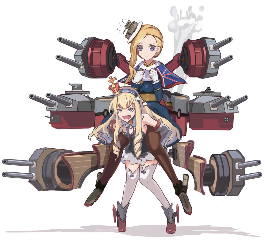 2girls azur_lane black_hairband blonde_hair blue_capelet blue_dress blue_eyes bow brown_legwear cannon capelet carrying crown dress flying_sweatdrops full_body hair_over_shoulder hairband hat hood_(azur_lane) knees_together_feet_apart long_hair looking_at_another looking_away mini_crown multiple_girls open_mouth piggyback queen_elizabeth_(azur_lane) serious short_dress smile steam striped striped_hairband thigh-highs tilted_headwear white_bow white_headwear white_legwear zettai_ryouiki zukanosuke