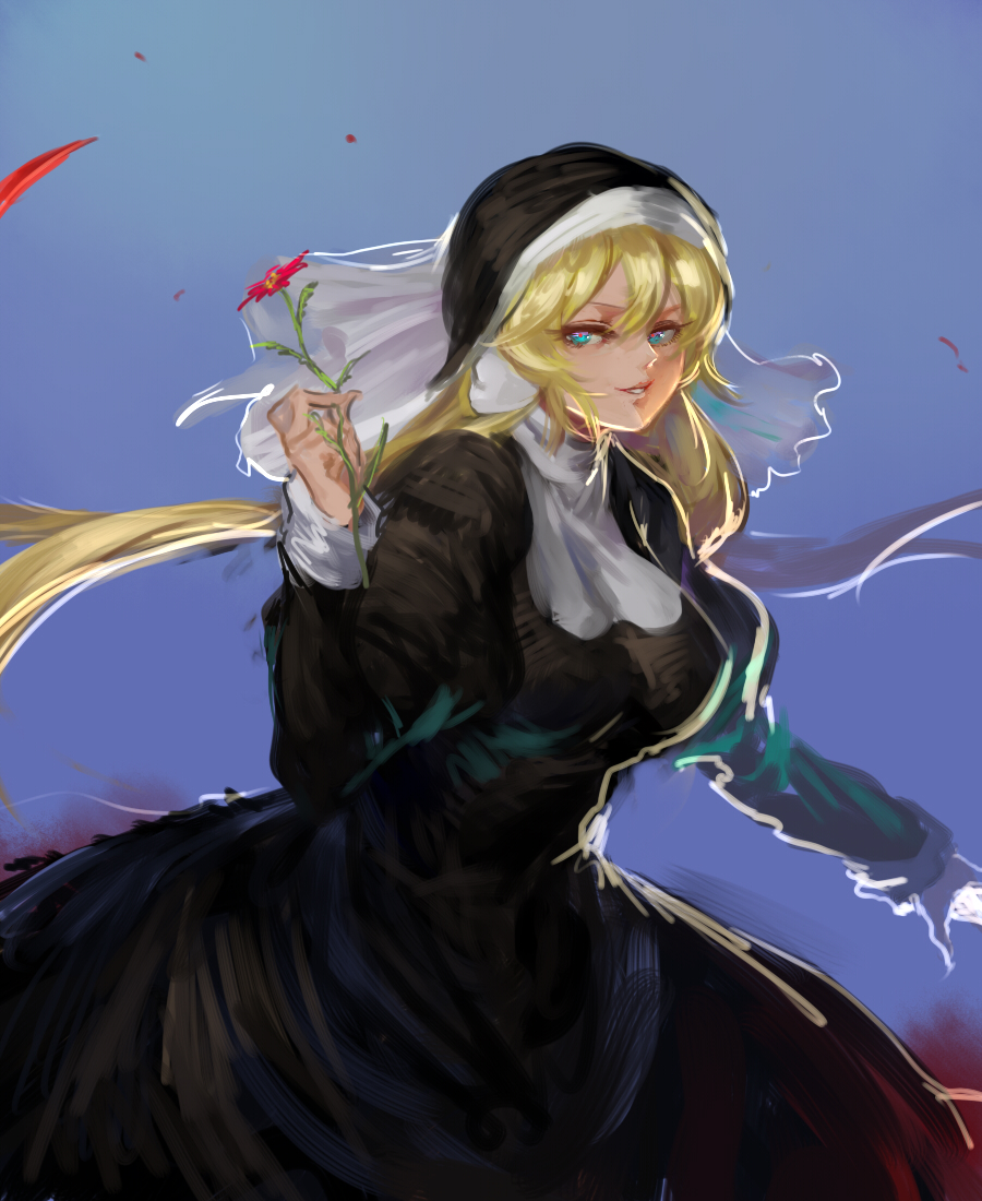 1girl bad_id bad_twitter_id black_dress blonde_hair blue_background blue_eyes breasts copyright_request dress evil_smile floating_hair flower habit hair_between_eyes holding holding_flower inishie_kumo large_breasts long_dress long_hair long_sleeves looking_at_viewer nun parted_lips red_flower red_pupils smile solo