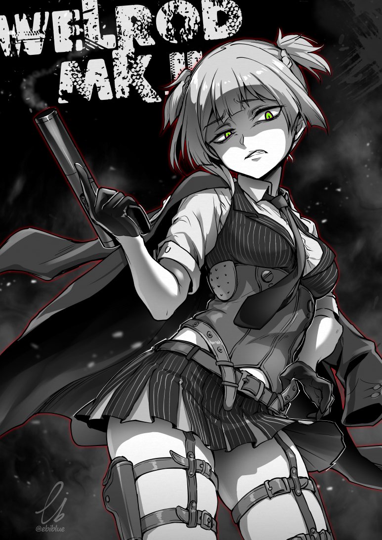 1girl bangs black_gloves braid breasts ebiblue eyebrows_visible_through_hair gesugao girls_frontline glaring gloves green_eyes greyscale gun holding holster jacket looking_at_viewer medium_breasts monochrome necktie open_mouth shirt short_hair skirt solo spot_color twintails vest weapon welrod_mk2_(girls_frontline)