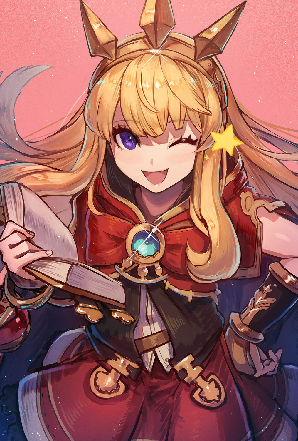 1girl :d ;) blonde_hair book bracer cagliostro_(granblue_fantasy) granblue_fantasy hairband hand_on_hip highres holding kuroi_susumu long_hair one_eye_closed open_mouth simple_background smile solo spiked_hairband spikes tiara violet_eyes