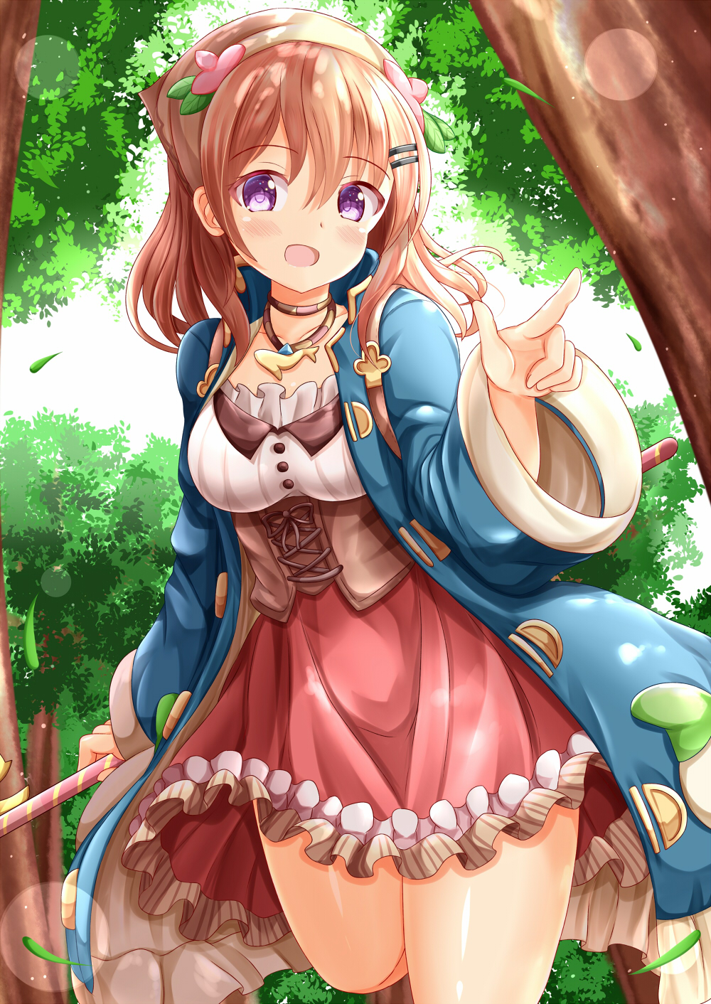 1girl :d atelier_(series) atelier_sophie bangs blue_coat blush breasts brown_hair coat commentary_request cosplay day eyebrows_visible_through_hair forest frilled_coat frilled_skirt frills gochuumon_wa_usagi_desu_ka? hair_between_eyes hair_ornament hairclip hand_up head_scarf highres holding hoto_cocoa long_hair long_sleeves looking_at_viewer medium_breasts nature open_clothes open_coat open_mouth outdoors pointing red_skirt shirt skirt smile solo sophie_neuenmuller sophie_neuenmuller_(cosplay) violet_eyes white_shirt wide_sleeves zenon_(for_achieve)