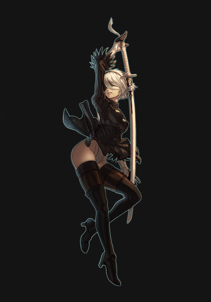 1girl arm_up black_background black_blindfold black_footwear black_gloves black_hairband blindfold blue_outline boots brown_legwear feather-trimmed_sleeves feather_trim gloves hairband katana leotard mole mole_under_mouth nier_(series) nier_automata outline parted_lips short_hair simple_background solo sword thigh-highs thigh_boots turtleneck weapon white_hair white_leotard yan_(age0614) yorha_no._2_type_b