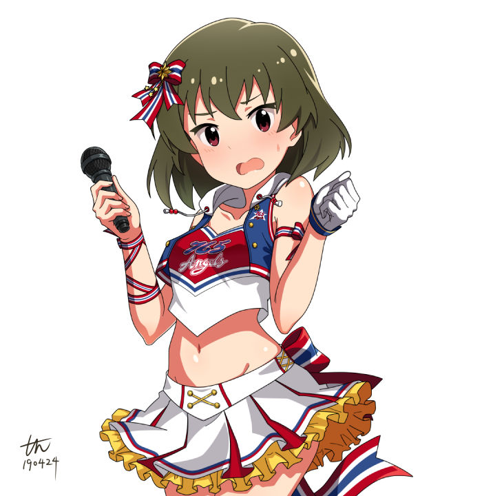 1girl arm_ribbon artist_name back_bow bangs bow commentary_request cowboy_shot cropped_jacket dated frilled_skirt frills frown gloves green_hair hair_bow holding holding_microphone hood hood_down hoodie idol idolmaster idolmaster_million_live! looking_at_viewer medium_hair microphone midriff miniskirt nagayoshi_subaru navel open_mouth pleated_skirt print_shirt red_eyes red_shirt ribbon shirt signature simple_background single_glove skirt sleeveless sleeveless_jacket solo standing sweatdrop tun w_arms white_background white_gloves white_skirt