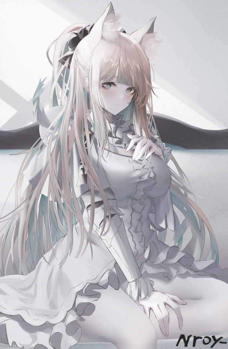 1girl alternate_eye_color alternate_hair_color animal_ear_fluff animal_ears arknights artist_name bangs blemishine_(arknights) blunt_bangs breasts commentary dress grey_eyes hand_on_own_chest large_breasts long_hair long_sleeves looking_at_viewer nroy- pantyhose short_dress silver_hair solo very_long_hair white_dress white_legwear