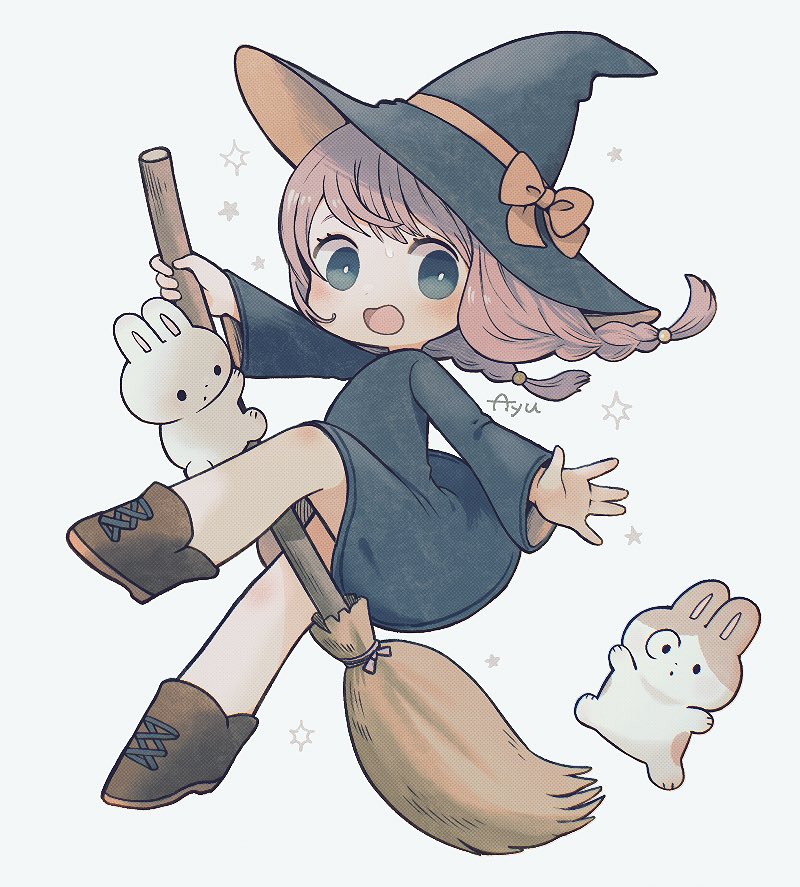 1girl ankle_boots ayu_(mog) black_dress black_eyes blush boots bow braid bright_pupils broom broom_riding brown_footwear commentary dress falling hat hat_bow long_sleeves open_mouth orange_bow original pink_hair rabbit short_dress signature solo sparkle star_(symbol) twin_braids twintails white_background white_pupils witch witch_hat