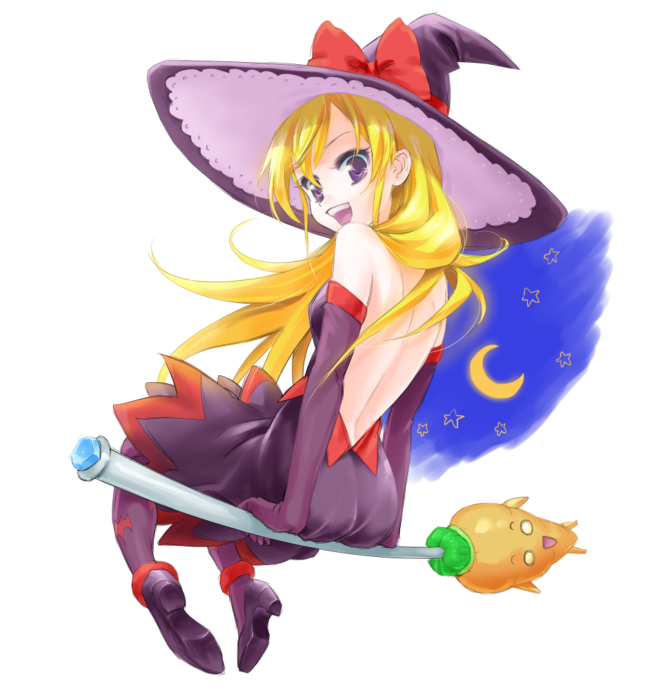 1girl :d backless_dress backless_outfit black_dress black_footwear blonde_hair bow broom broom_riding dokidoki!_precure dress elbow_gloves floating_hair from_behind full_body gloves hat hat_bow layered_dress long_hair open_mouth precure purple_dress purple_gloves purple_headwear purple_legwear red_bow regina_(dokidoki!_precure) shiny shiny_hair short_dress simple_background sleeveless sleeveless_dress smile solo tuqi_pix very_long_hair violet_eyes white_background witch_hat