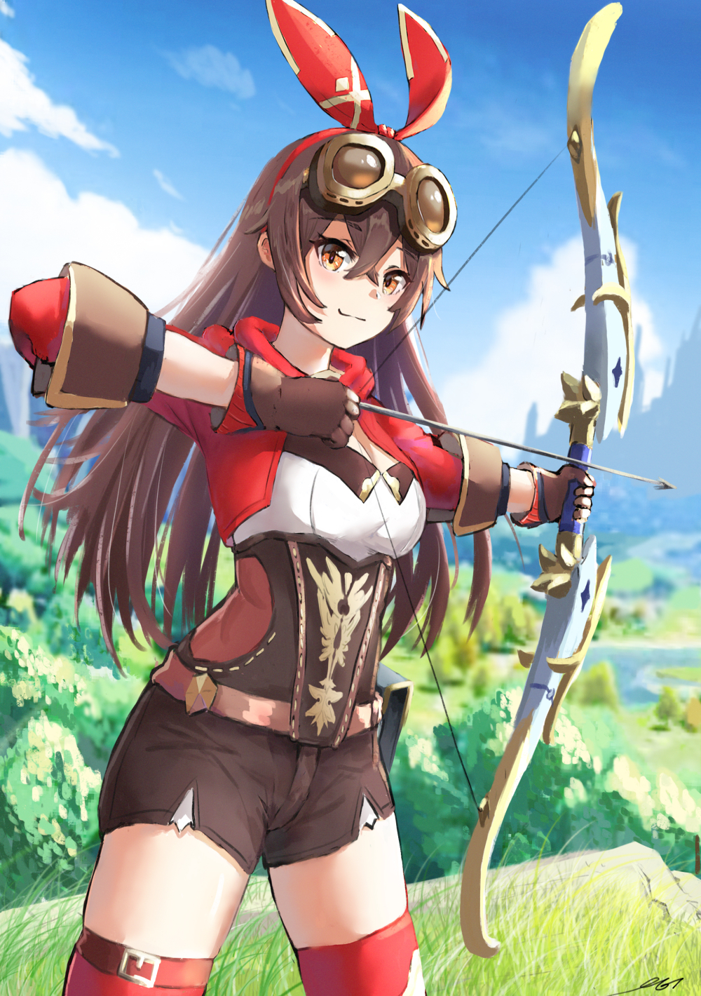 1girl aiming amber_(genshin_impact) arrow_(projectile) blue_sky blush bow_(weapon) brown_gloves brown_shorts closed_mouth clouds cowboy_shot eyebrows_visible_through_hair genshin_impact gloves goggles goggles_on_head grass hair_ribbon highres holding holding_weapon legs_apart long_hair long_sleeves looking_at_viewer nyanko960121 orange_eyes outdoors red_legwear red_ribbon ribbon short_shorts shorts sky smile solo standing thigh-highs tree vegetation weapon