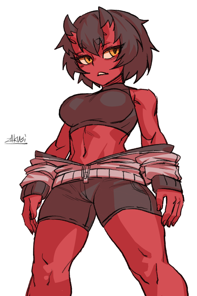1girl black_shorts breasts brown_hair crop_top cropped_shirt feet_out_of_frame horns kidouko_(zakusi) large_breasts looking_at_viewer navel oni orange_eyes original parted_lips red_oni red_skin shirt short_hair shorts signature simple_background sleeveless sleeveless_shirt solo standing stomach white_background zakusi