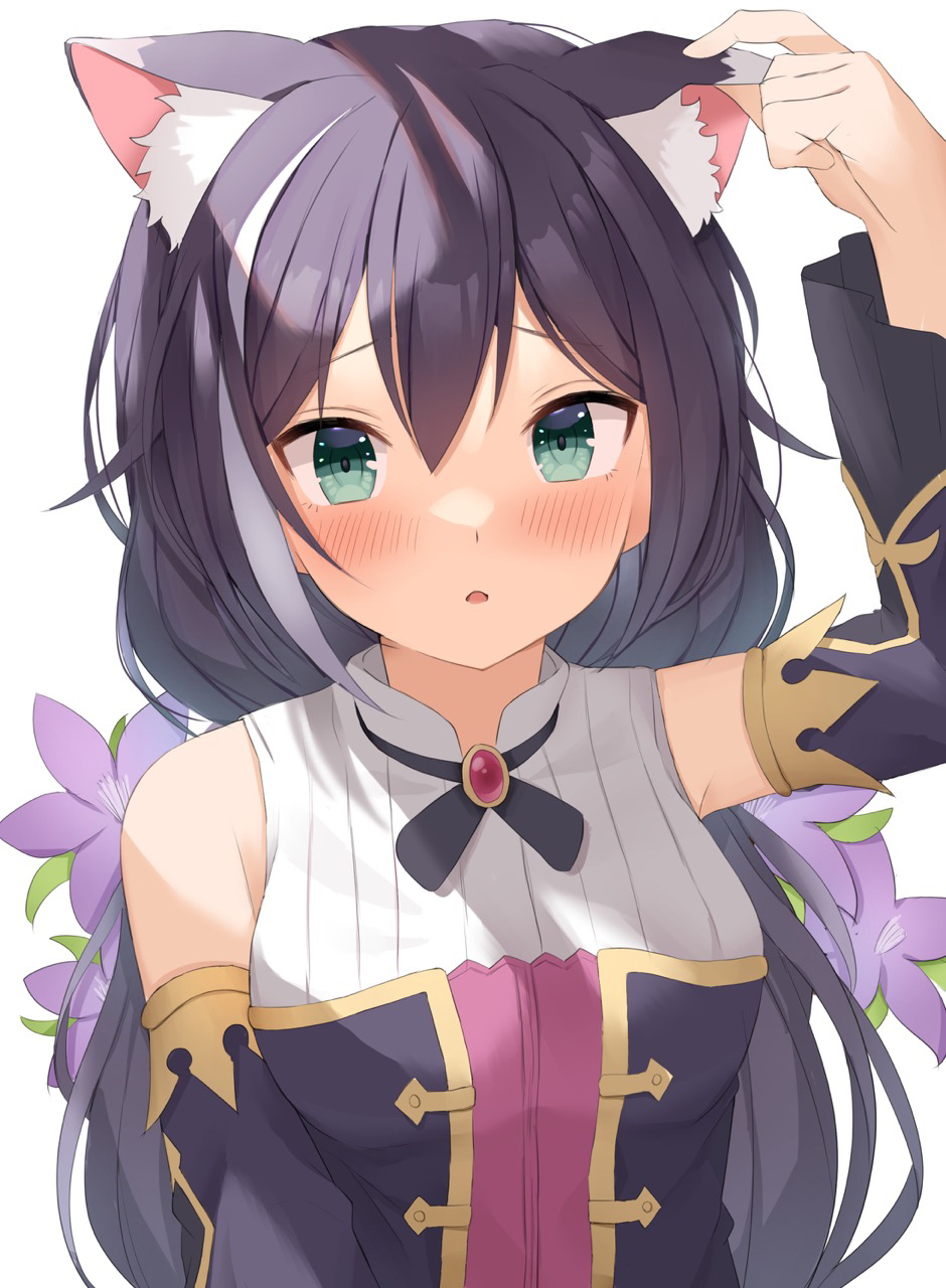 1girl :o animal_ear_fluff animal_ears arm_at_side arm_up bangs bare_shoulders black_hair blush breasts cat_ears cat_girl cat_tail commentary_request detached_sleeves eyebrows_visible_through_hair flower gem green_eyes hair_between_eyes hand_on_ear highres karyl_(princess_connect!) long_hair long_sleeves looking_at_viewer low_twintails multicolored_hair open_mouth parted_lips princess_connect! princess_connect!_re:dive purple_flower raru0310 shirt sleeveless sleeveless_shirt solo streaked_hair tail twintails white_background white_hair white_shirt