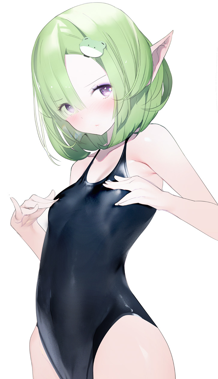 1girl black_swimsuit commentary_request elf frog_hair_ornament green_hair hair_ornament highleg highleg_swimsuit highres kaede_(sayappa) one-piece_swimsuit original pointy_ears short_hair simple_background solo swimsuit violet_eyes white_background