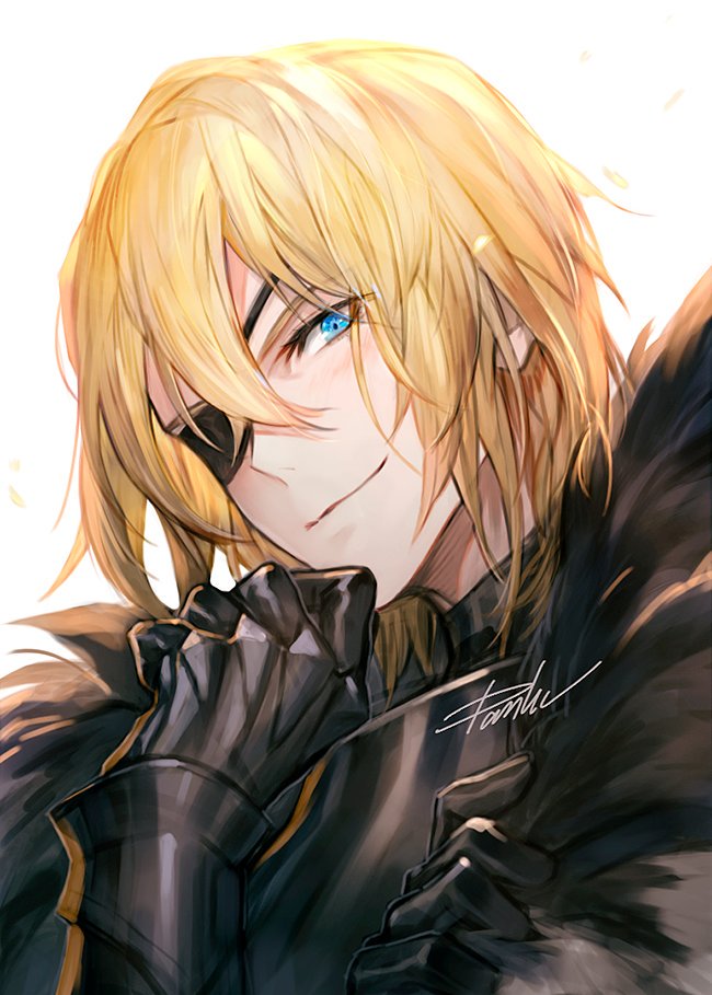 1boy armor black_armor black_eyepatch blonde_hair blue_eyes blush breastplate closed_mouth danhu dimitri_alexandre_blaiddyd fire_emblem fire_emblem:_three_houses fur_trim gauntlets hand_up looking_at_viewer male_focus medium_hair one_eye_covered signature simple_background smile solo upper_body white_background