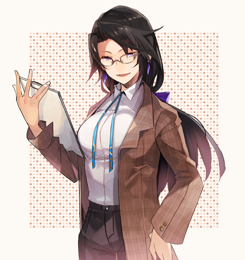 1girl black_hair black_pants blue_neckwear border brown_coat clipboard coat collared_shirt commentary_request dress_shirt earrings glasses holding holding_clipboard hyakuhachi_(over3) jewelry long_hair low_tied_hair open_clothes open_coat open_mouth original pants patterned_background shirt shirt_tucked_in violet_eyes white_border white_shirt