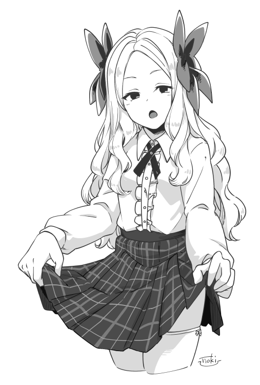 1girl alternate_costume asakaze_(kantai_collection) bow cropped_legs frilled_shirt frills fujinoki_(horonabe-ken) greyscale hair_bow kantai_collection long_hair long_sleeves monochrome open_mouth plaid plaid_skirt shirt signature simple_background skirt skirt_hold solo thigh-highs wavy_hair