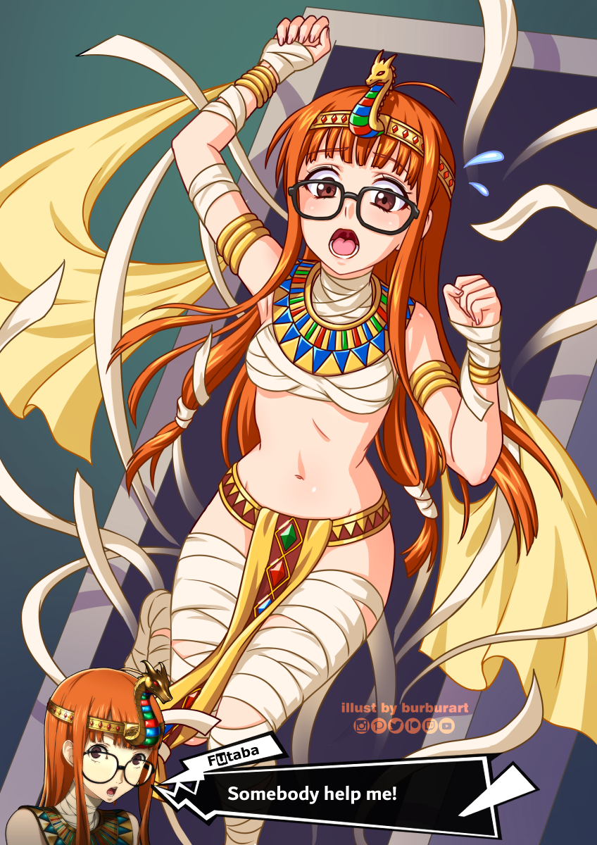 1girl armlet bandages bangs black-framed_eyewear blunt_bangs bracelet breasts brown_eyes burbur commentary diadem english_commentary english_text eyebrows_visible_through_hair glasses highres jewelry long_hair looking_at_viewer medium_breasts mummy navel open_mouth orange_hair pelvic_curtain persona persona_5 restrained sakura_futaba solo stomach