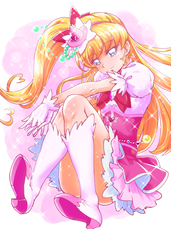 1girl bangs blonde_hair blue_eyes boots bow bustier closed_mouth cure_miracle earrings eyebrows_visible_through_hair floating_hair full_body hair_bow hairband hat jewelry knee_boots layered_skirt long_hair mahou_girls_precure! mini_hat miniskirt pink_hairband pink_headwear pink_skirt ponytail precure red_bow shiny shiny_hair shirt short_sleeves skirt solo tj-type1 very_long_hair white_background white_footwear white_shirt white_skirt witch_hat