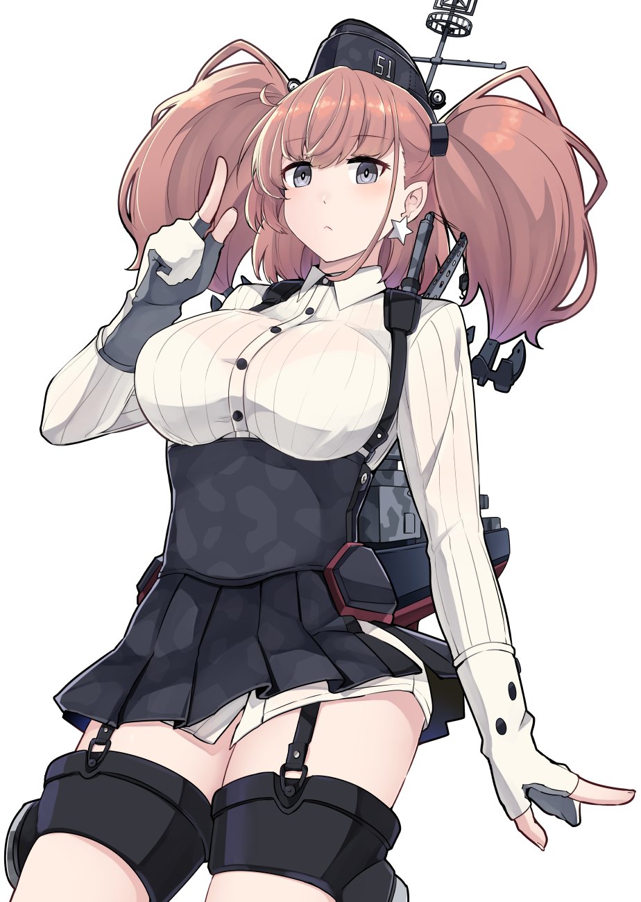 1girl anchor_hair_ornament atlanta_(kantai_collection) black_headwear black_skirt breasts brown_hair commentary_request cowboy_shot dress_shirt earrings garrison_cap garter_straps gloves grey_eyes hair_ornament hat high-waist_skirt highres ido_(teketeke) index_finger_raised jewelry kantai_collection large_breasts long_hair long_sleeves looking_at_viewer machinery partly_fingerless_gloves shirt simple_background skirt solo star_(symbol) star_earrings suspender_skirt suspenders thigh_strap two_side_up white_background white_gloves white_shirt