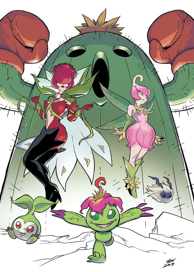 2019 2girls bare_shoulders black_lipstick bodysuit boots boxing_gloves cactus cape claws covered_eyes dated digimon digimon_adventure: dress elbow_gloves fairy flower gloves green_eyes ivan_fiorelli leaf leaf_wings lillymon lipstick makeup midriff monster_girl multiple_girls palmon plant plant_girl plant_hair rosemon smile tanemon thigh-highs thigh_boots togemon vines wings yuramon