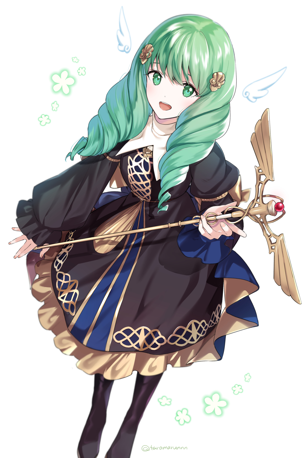 1girl bangs black_dress black_footwear blue_legwear boots bow detached_sleeves detached_wings dress fire_emblem fire_emblem:_three_houses fire_emblem_heroes flayn_(fire_emblem) frills full_body gold_trim green_eyes green_flower green_hair hair_ornament highres holding knee_boots kousei_horiguchi long_hair long_sleeves looking_at_viewer misu_kasumi open_mouth school_uniform shiny shiny_hair simple_background smile solo staff turtleneck twitter_username white_background wings