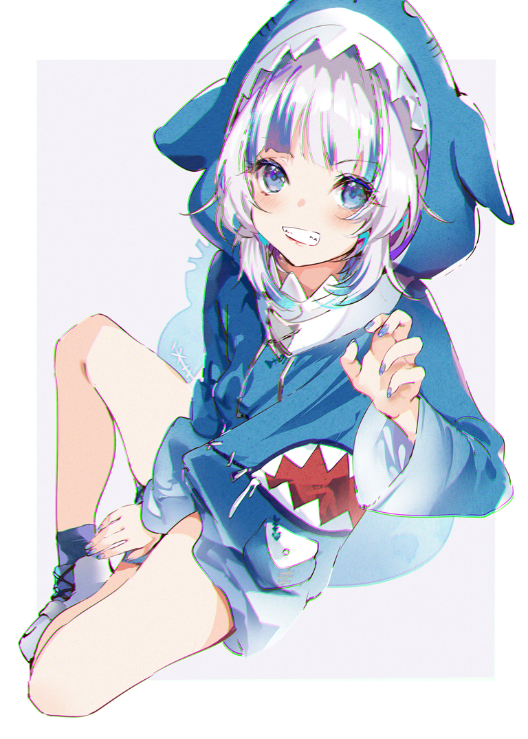 1girl animal_hood bangs blue_eyes blue_hair blue_hoodie blue_legwear drawstring eyebrows_visible_through_hair gawr_gura grey_background grin hololive hololive_english hood hood_up hoodie kinokohime looking_at_viewer multicolored_hair shark_hood shoes silver_hair smile socks solo streaked_hair two-tone_background virtual_youtuber white_background white_footwear