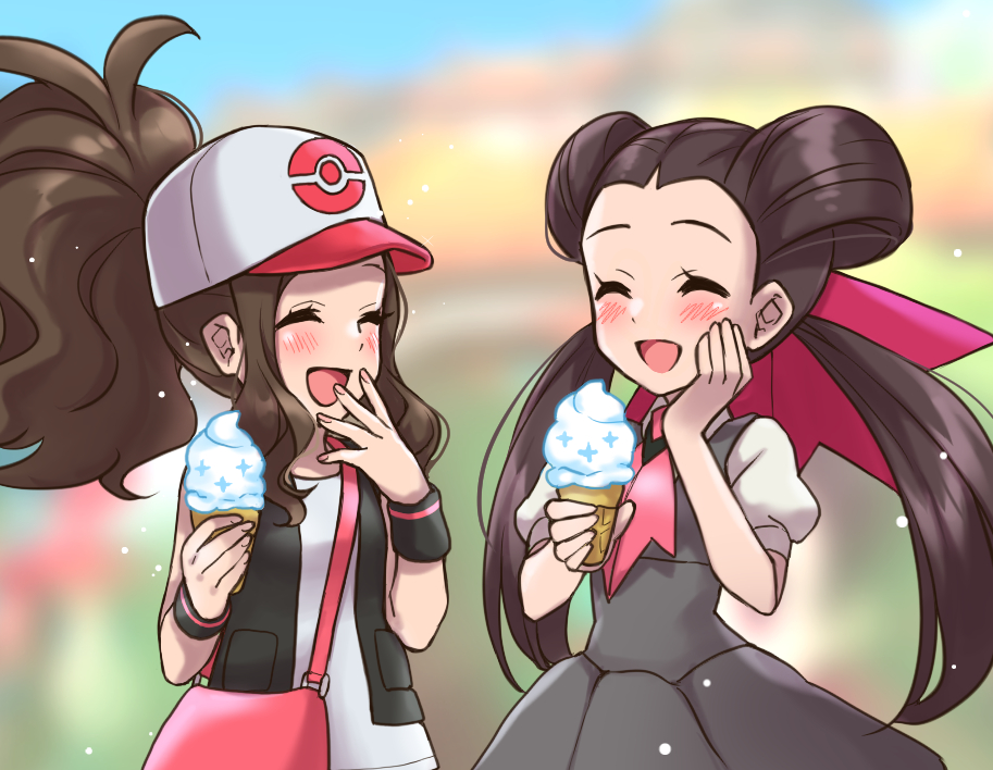 2girls :d bag baseball_cap black_dress black_vest black_wristband brown_hair bush casteliacone closed_eyes commentary dress english_commentary eyelashes fingernails hair_ribbon hand_on_own_cheek hands_up hat high_ponytail hilda_(pokemon) holding long_hair mono_land multiple_girls open_mouth pink_bag pink_neckwear pink_ribbon pokemon pokemon_(game) pokemon_bw pokemon_masters_ex pokemon_oras ribbon roxanne_(pokemon) shirt short_sleeves shoulder_bag sidelocks sleeveless sleeveless_shirt smile tongue twintails two-tone_headwear vest white_shirt wristband