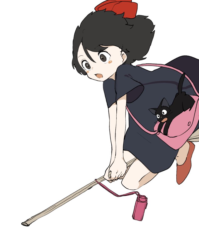 1girl bag black_cat black_dress black_eyes black_hair blush_stickers bow bow_hairband broom broom_riding cat commentary ddari dress english_commentary hair_bow hairband holding jiji_(majo_no_takkyuubin) kiki majo_no_takkyuubin medium_hair open_mouth pale_skin red_bow red_footwear red_hairband redrawn shoes short_sleeves shoulder_bag simple_background solo white_background