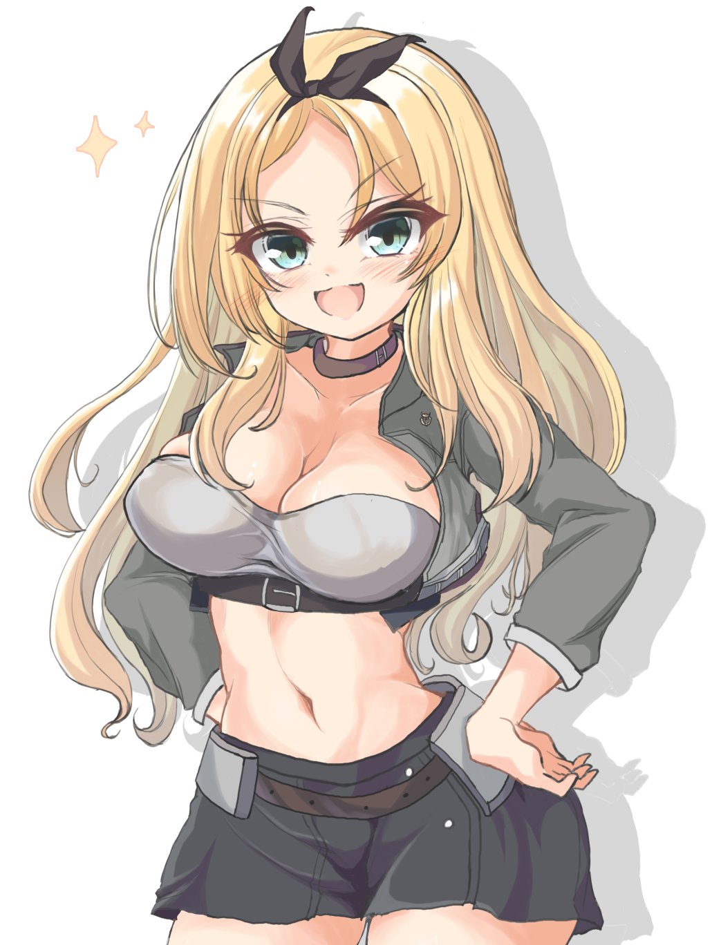 1girl black_hairband blonde_hair breasts commentary_request cropped_jacket green_eyes grey_jacket grey_skirt hairband hands_on_hips highres jacket kantai_collection kasashi_(kasasi008) large_breasts looking_at_viewer midriff nelson_(kantai_collection) open_clothes open_jacket racequeen shadow simple_background skirt smile solo sparkle white_background