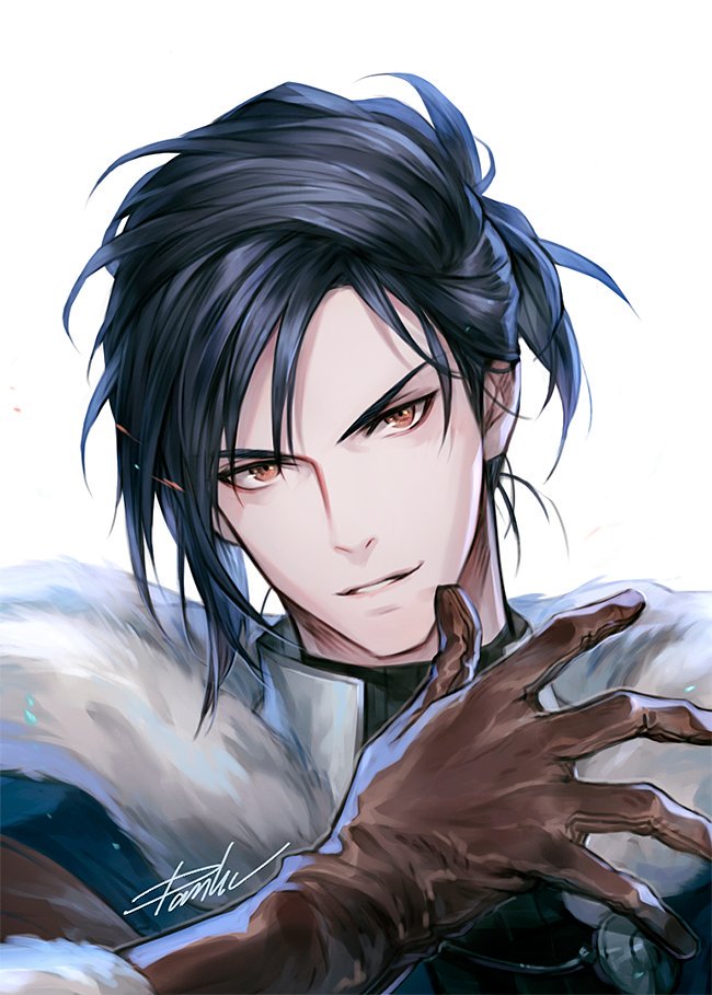 1boy bangs black_hair black_shirt brown_eyes brown_gloves danhu felix_hugo_fraldarius fire_emblem fire_emblem:_three_houses fur_trim gloves hand_up looking_at_viewer male_focus open_hand shirt short_hair short_ponytail signature simple_background smile solo turtleneck upper_body white_background