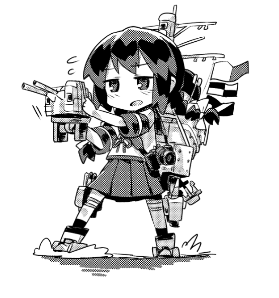 1girl anchor black_hair bow braid camera chibi greyscale hair_between_eyes hair_bow isonami_(kantai_collection) juraki_hakuaki kantai_collection monochrome open_mouth pleated_skirt rigging school_uniform serafuku sidelocks signal_flag skirt smokestack solo sweatdrop torpedo_tubes turret water white_background