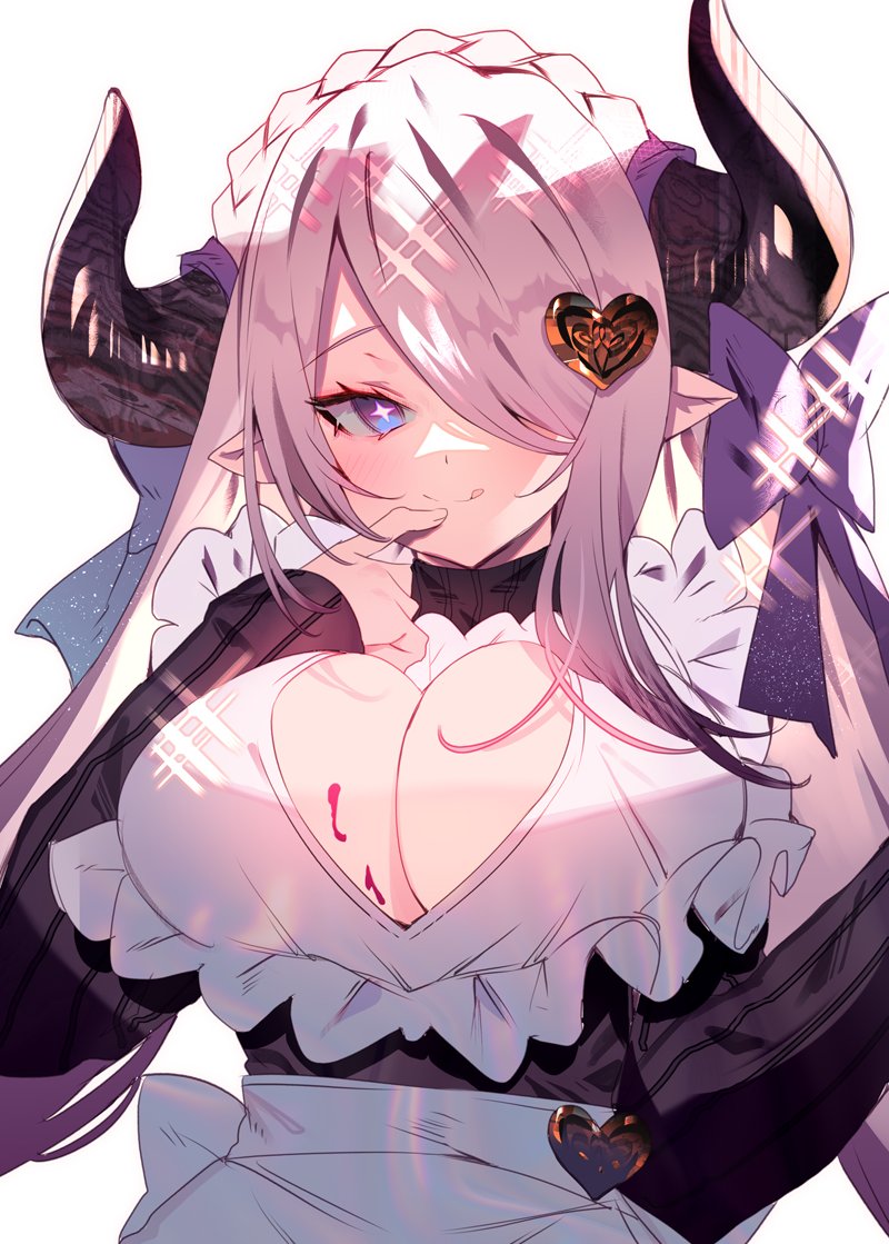 1girl apron blue_eyes bow breasts cleavage_cutout clothing_cutout draph granblue_fantasy hair_over_one_eye horns large_breasts licking_lips narmaya_(granblue_fantasy) pink_hair pointy_ears soukou_makura sparkling_eyes tongue tongue_out