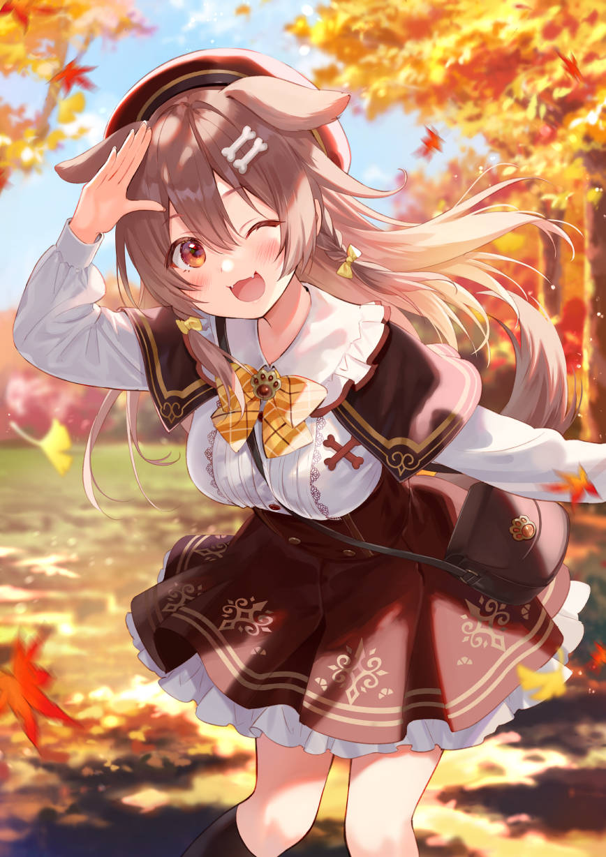 1girl ;d animal_ears bangs blush bone_hair_ornament bow bowtie braid breasts brown_eyes brown_hair brown_skirt buttons dog_ears dog_girl dog_tail eyebrows_visible_through_hair fangs fukahire_(ruinon) hair_between_eyes hair_ornament hairclip hand_up high-waist_skirt highres hololive inugami_korone long_hair looking_at_viewer one_eye_closed open_mouth shirt skirt smile solo tail twin_braids virtual_youtuber white_shirt