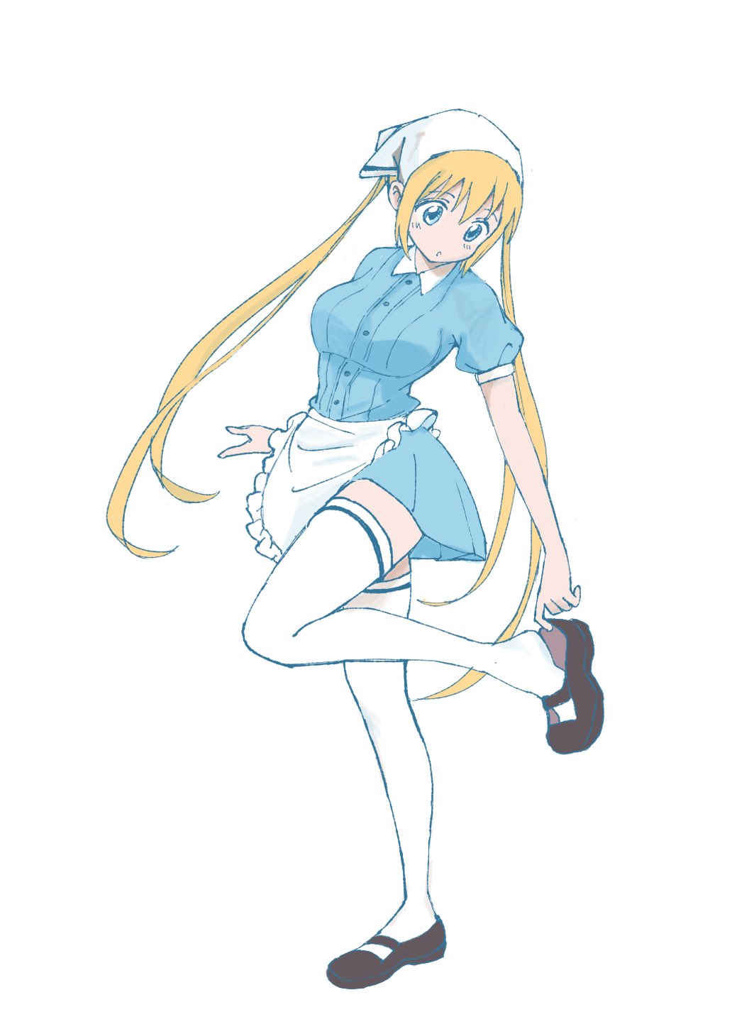 1girl :o adjusting_clothes adjusting_footwear adjusting_shoe apron black_footwear blend_s blonde_hair blue_eyes blue_shirt blue_skirt breasts collared_shirt commentary_request dress_shirt floating_hair frilled_apron frills full_body hair_between_eyes head_scarf highres hinata_kaho kajino_(aosansai) long_hair looking_down medium_breasts puffy_short_sleeves puffy_sleeves shirt shoes short_sleeves simple_background skirt solo standing standing_on_one_leg stile_uniform thigh-highs twintails very_long_hair waist_apron waitress white_apron white_background white_legwear