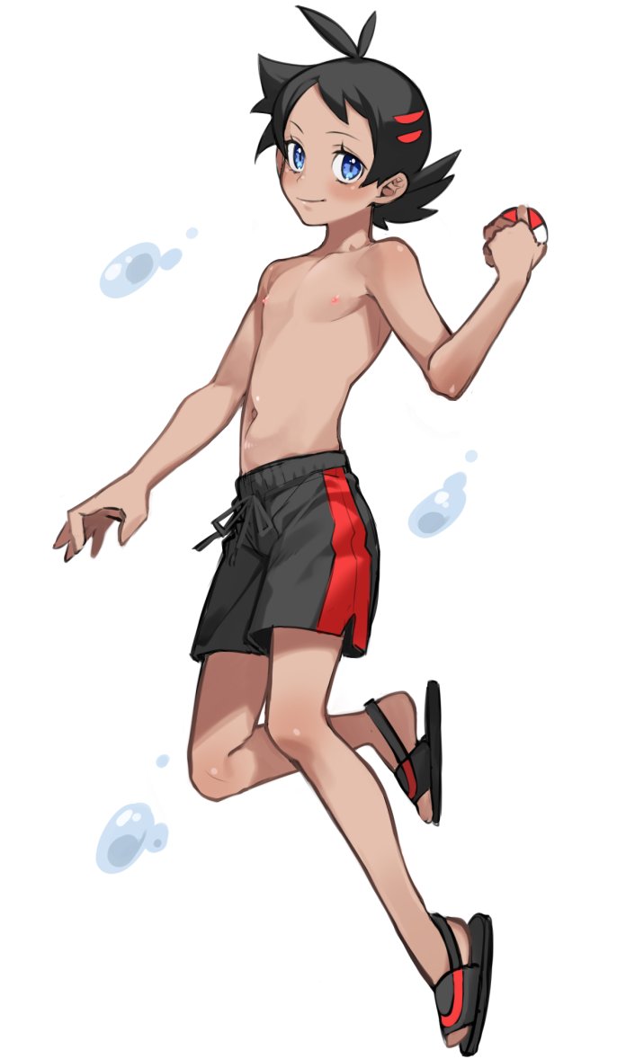 0_8_5_ohako 1boy black_footwear black_hair blue_eyes blush closed_mouth commentary_request eyelashes full_body goh_(pokemon) hair_ornament hairclip holding holding_poke_ball leg_up looking_at_viewer male_focus male_swimwear navel nipples poke_ball poke_ball_(basic) pokemon pokemon_(anime) pokemon_swsh_(anime) sandals shirtless smile solo swim_trunks swimwear water_drop white_background