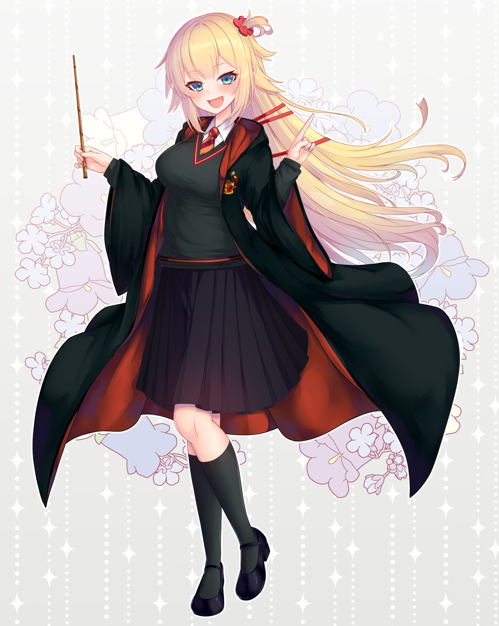 1girl :d akai_haato black_legwear blonde_hair blue_eyes breasts cardigan coat cosplay fang floral_background gryffindor hair_ornament harry_potter heart heart_hair_ornament highres hogwarts_school_uniform hololive large_breasts long_hair long_sleeves necktie open_mouth school_uniform shoes skirt smile socks solo virtual_youtuber wand yoshiheihe