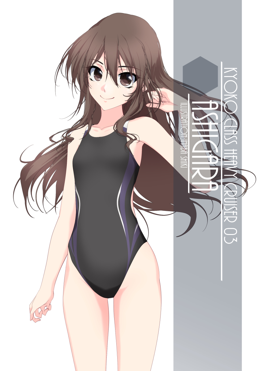 1girl alternate_breast_size artist_name ashigara_(kantai_collection) brown_eyes brown_hair character_name competition_swimsuit cowboy_shot flat_chest highres inaba_shiki kantai_collection long_hair looking_at_viewer one-piece_swimsuit simple_background solo swimsuit wavy_hair white_background