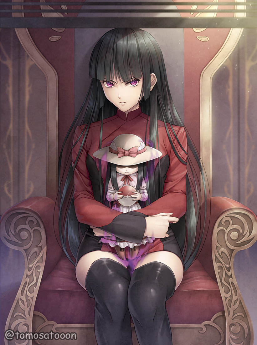 1girl artist_name bangs black_footwear black_hair blunt_bangs boots dress gym_leader knees_together long_hair long_sleeves looking_at_viewer mixed-language_commentary parted_lips poke_ball pokemon pokemon_(anime) pokemon_(classic_anime) red_dress sabrina_(pokemon) shiny short_dress sitting thigh-highs thigh_boots throne tomosatooon turtleneck violet_eyes watermark