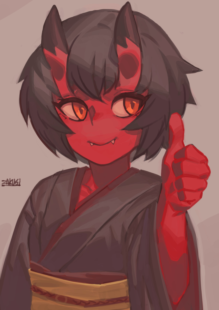 1girl black_hair black_kimono closed_mouth fangs fangs_out grey_background horns japanese_clothes kidouko_(zakusi) kimono long_sleeves obi oni_horns orange_eyes original red_skin sash signature simple_background smile solo symbol_commentary thumbs_up upper_body wide_sleeves zakusi