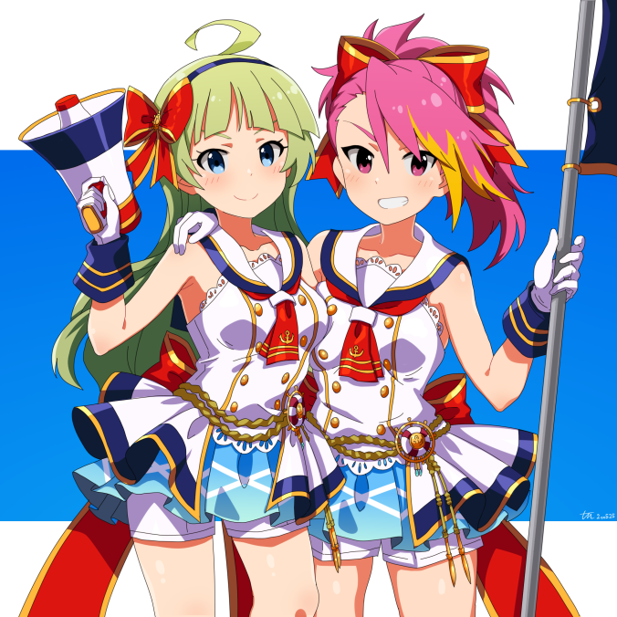 2girls ahoge anchor_print artist_name asymmetrical_bangs back_bow bangs blouse blue_background blue_eyes blue_hairband blunt_bangs bow closed_mouth commentary_request dated flag gloves grin hair_bow hairband hand_on_another's_shoulder holding holding_flag idol idolmaster idolmaster_million_live! large_bow letterboxed light_blush long_hair looking_at_viewer maihama_ayumu medium_hair megaphone multicolored_hair multiple_girls neckerchief orange_hair pink_eyes pink_hair ponytail red_bow red_neckwear sailor_collar shimabara_elena short_shorts shorts side-by-side signature sleeveless_blouse smile standing tun two-tone_hair white_blouse white_gloves white_shorts