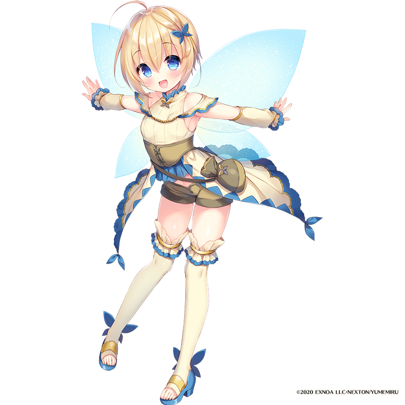 1girl :d ahoge bangs bare_shoulders blonde_hair blue_eyes blue_footwear blue_wings blush brown_shorts butterfly_hair_ornament commentary_request copyright_request detached_sleeves dress eyebrows_visible_through_hair fairy_wings hair_between_eyes hair_ornament high_heels long_sleeves looking_at_viewer navel official_art open_mouth outstretched_arms sandals short_shorts shorts smile solo spread_arms thigh-highs toeless_legwear transparent_background usashiro_mani watermark white_dress white_legwear white_sleeves wings