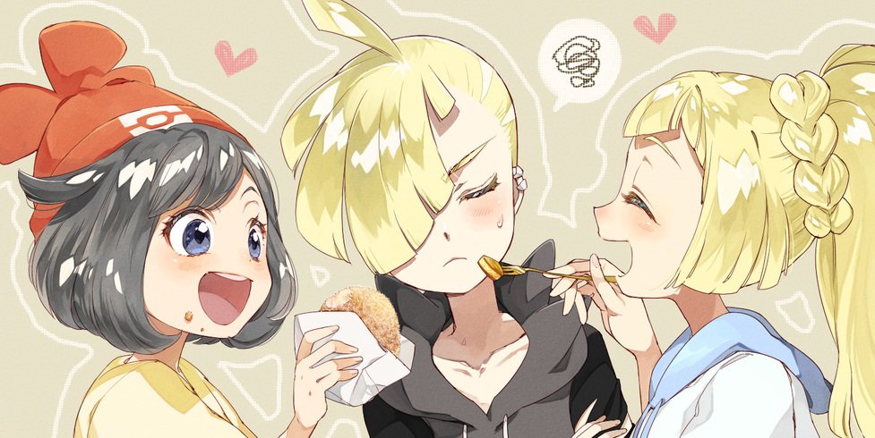 1boy 2girls beanie black_hair blonde_hair blush braid brother_and_sister closed_eyes collarbone commentary_request ear_piercing eyelashes feeding food food_on_face fork gladion_(pokemon) hair_over_one_eye hand_up hat heart holding holding_fork light_frown lillie_(pokemon) long_hair multiple_girls open_mouth piercing pokemon pokemon_(game) pokemon_sm red_headwear sasairebun selene_(pokemon) shiny shiny_hair siblings smile sweatdrop teeth tongue