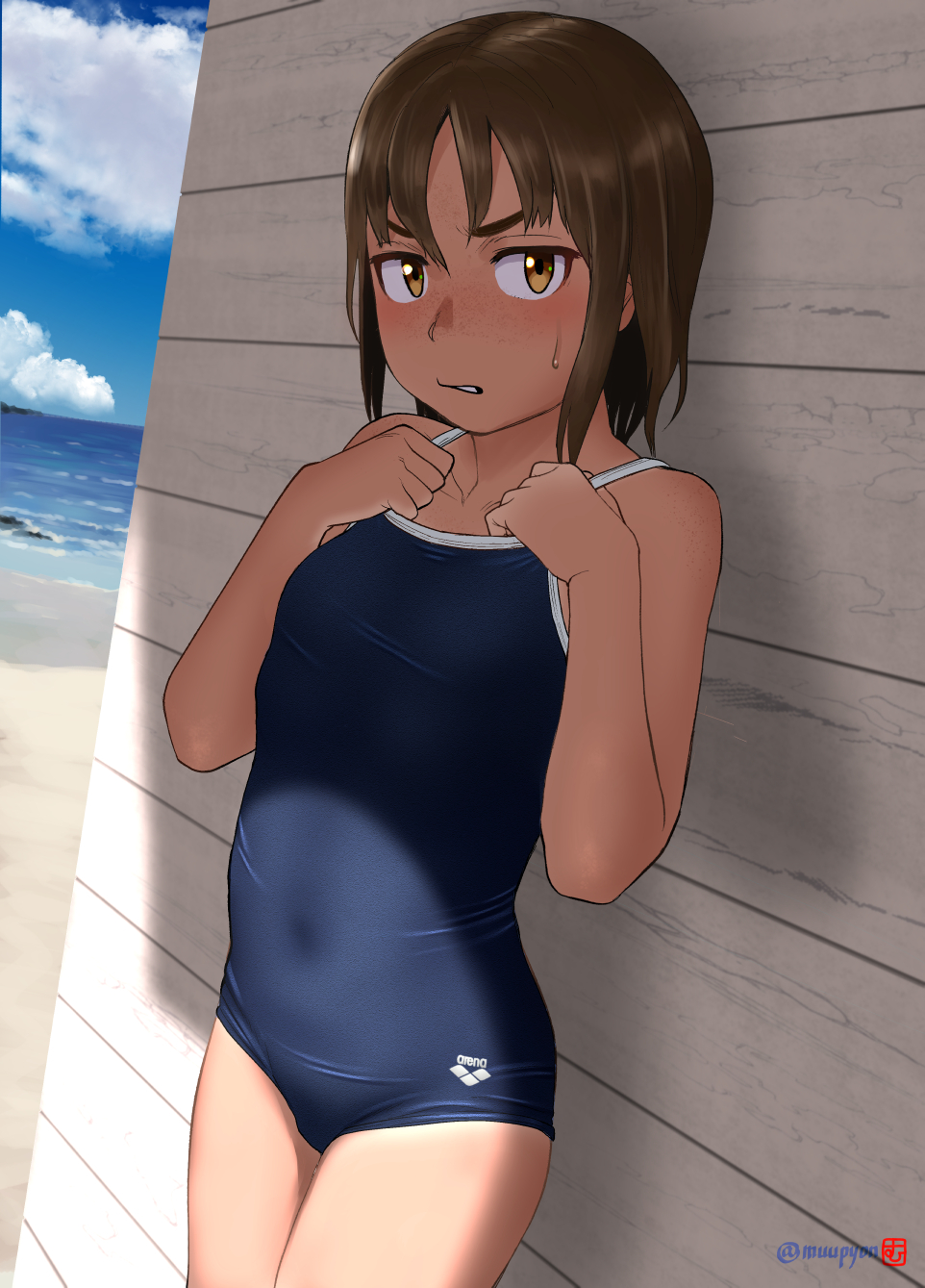 1girl arena_(company) artist_logo beach blue_sky blue_swimsuit brown_eyes brown_hair clouds competition_school_swimsuit cowboy_shot day dutch_angle flat_chest highres horizon logo looking_at_viewer mu-pyon ocean original outdoors school_swimsuit short_hair sky solo standing swimsuit tan tanline twitter_username