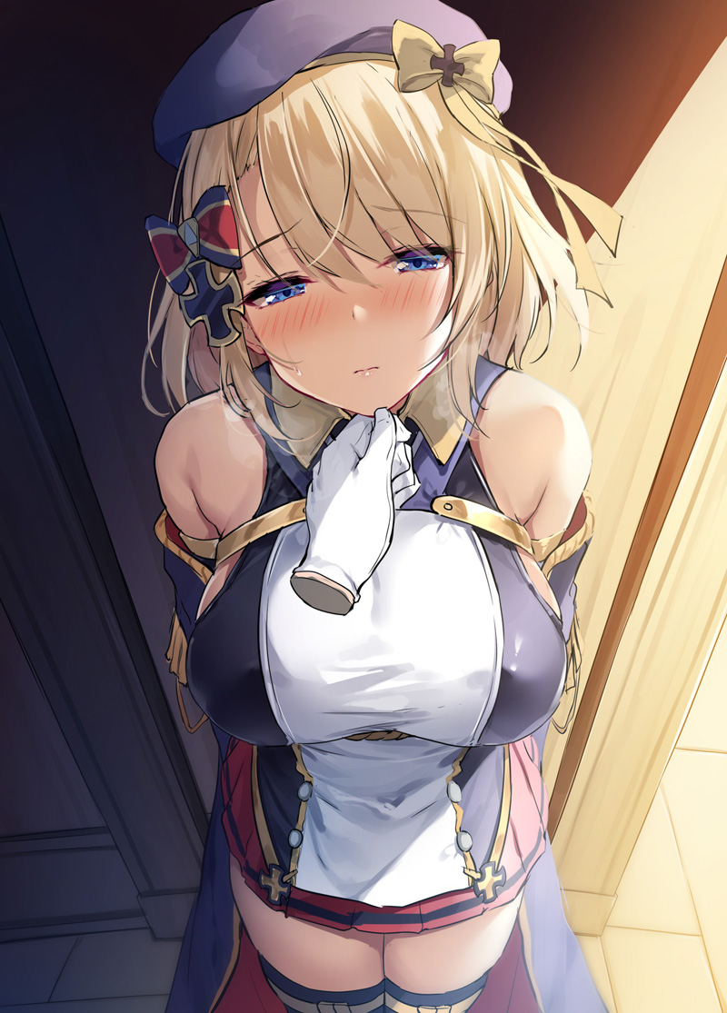 1girl against_wall arms_behind_back azur_lane bangs bare_shoulders beret black_gloves blonde_hair blush bow breasts closed_mouth covered_nipples disembodied_limb exe_(xe) eyebrows_visible_through_hair gloves hair_bow half-closed_eyes hand_on_another's_chin hat iron_cross large_breasts light looking_at_viewer miniskirt off_shoulder open_clothes pleated_skirt pov purple_headwear red_bow red_skirt short_hair skirt solo_focus sweat thigh-highs violet_eyes white_gloves z23_(azur_lane) zettai_ryouiki
