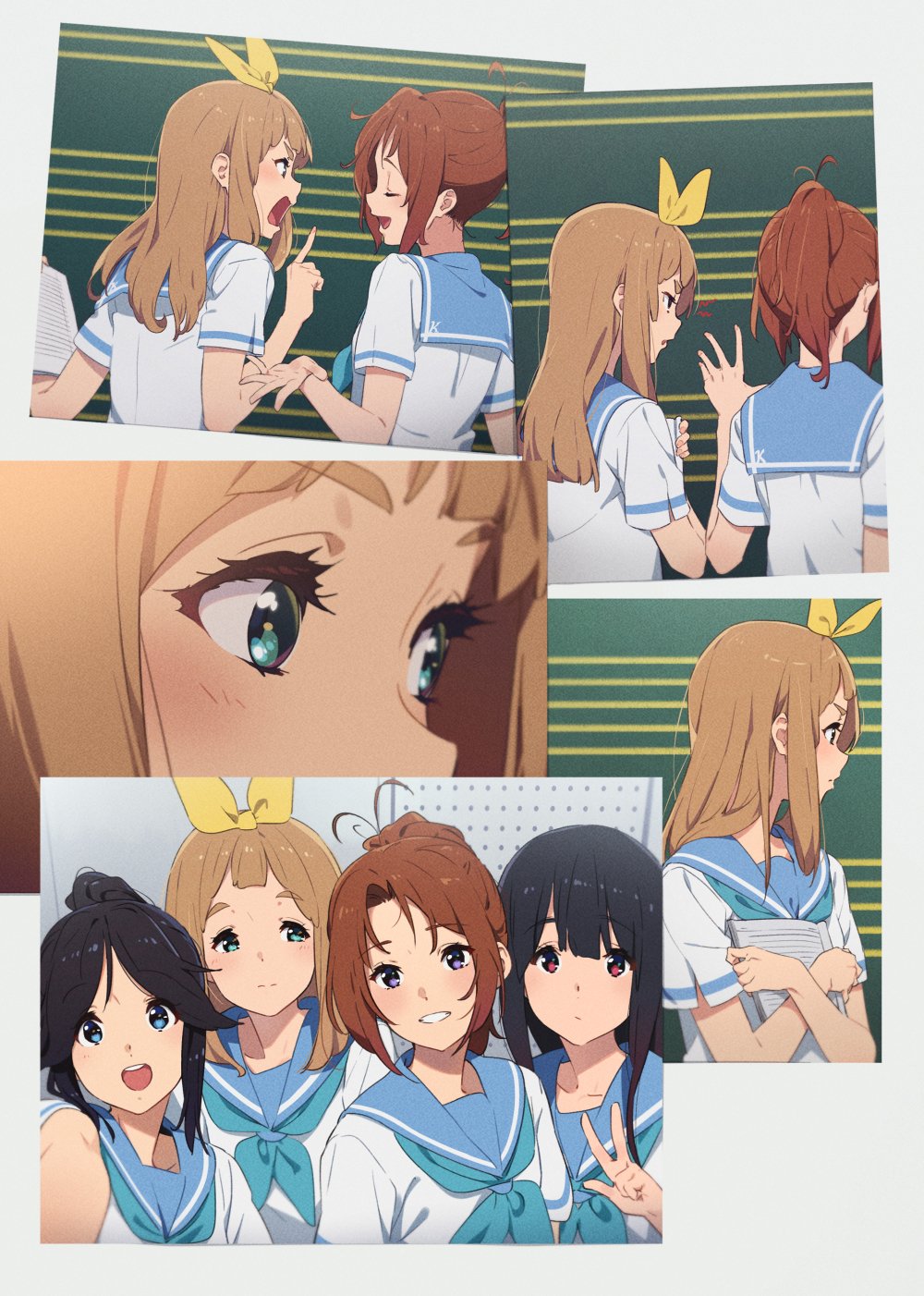 4girls angry arguing black_hair blonde_hair blue_eyes blue_neckwear blue_sailor_collar blush brown_hair closed_eyes closed_mouth hair_ribbon hibike!_euphonium highres index_finger_raised kamo_kamen kasaki_nozomi kitauji_high_school_uniform long_hair looking_at_viewer multiple_girls nakagawa_natsuki neckerchief open_mouth photo_(object) ponytail ribbon sailor_collar school_uniform serafuku shirt short_sleeves smile uniform violet_eyes white_shirt yellow_ribbon yoroizuka_mizore yoshikawa_yuuko