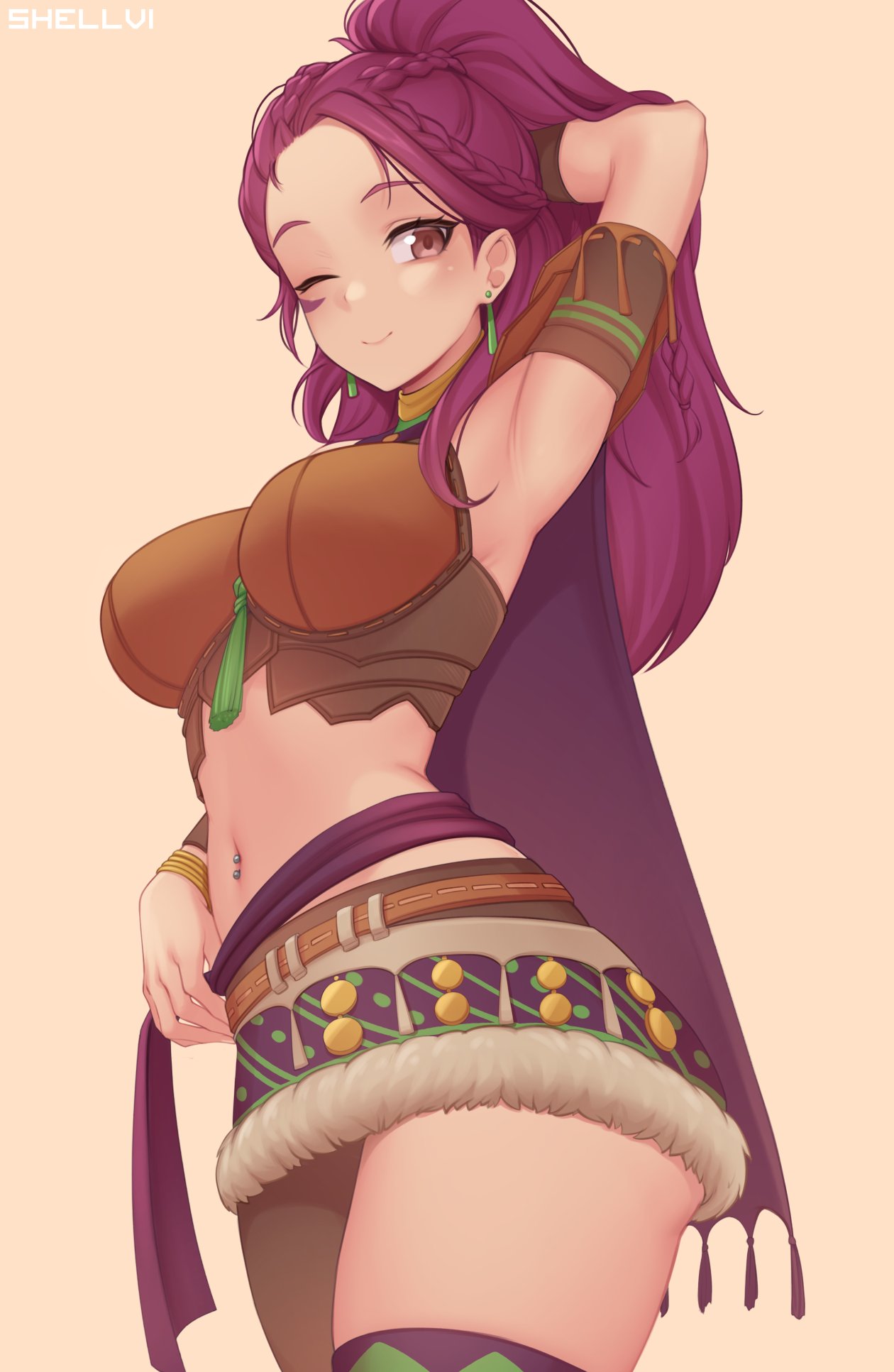 1girl arm_behind_head armlet armpits artist_name bare_shoulders belt braid breasts brown_eyes closed_mouth commentary commission cowboy_shot earrings fire_emblem fire_emblem:_three_houses from_side high_ponytail highres jewelry large_breasts long_hair looking_at_viewer midriff miniskirt navel navel_piercing one_eye_closed petra_macneary piercing ponytail purple_hair shellvi skirt smile solo stomach thigh-highs thighs