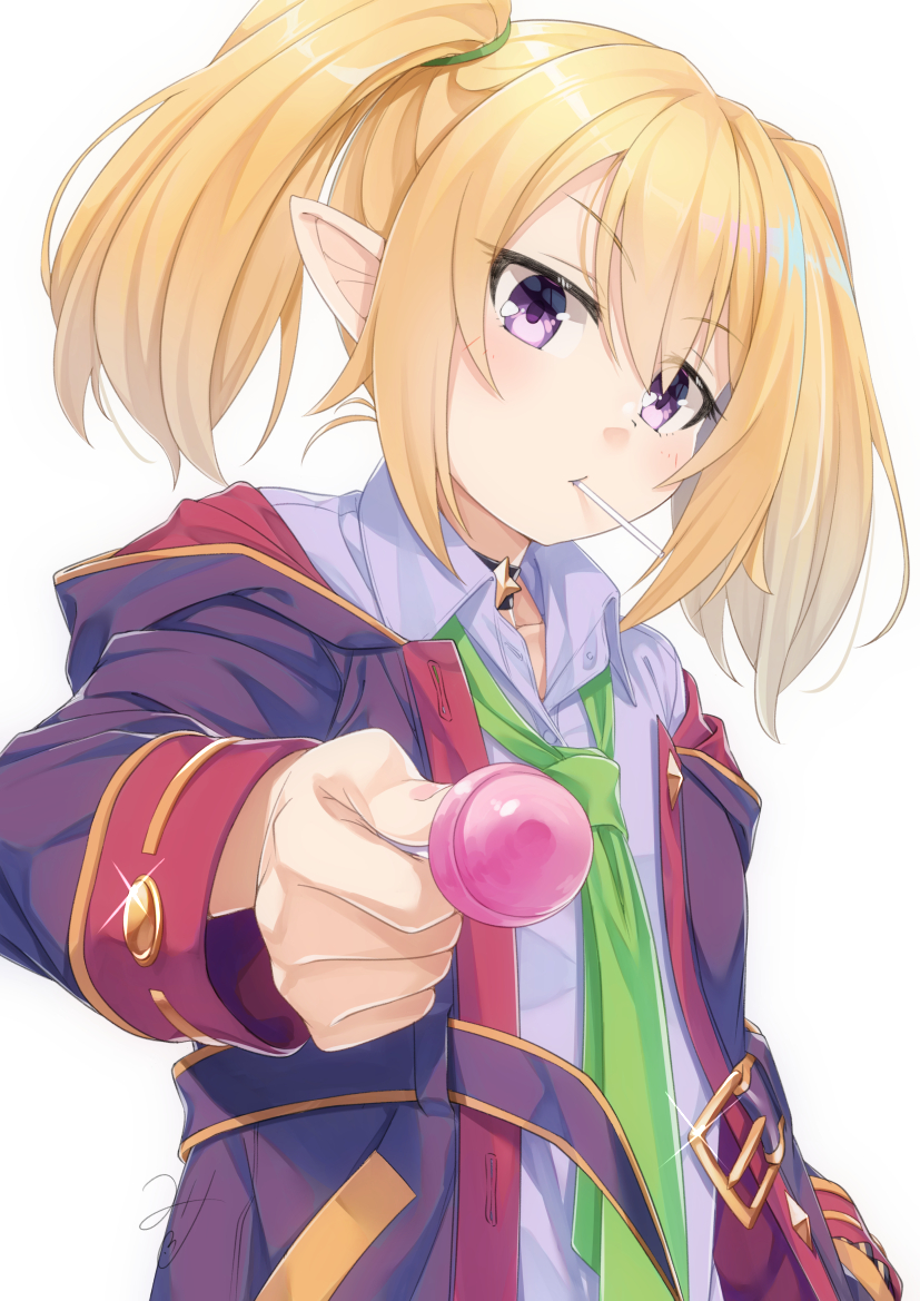 1girl bangs blonde_hair blush candy chloe_(princess_connect!) closed_mouth collared_shirt commentary_request eyebrows_visible_through_hair food food_in_mouth green_neckwear grey_shirt hair_between_eyes holding holding_candy holding_food holding_lollipop hood hood_down hooded_jacket jacket lollipop long_sleeves looking_at_viewer miri_(ago550421) mouth_hold necktie off_shoulder open_clothes open_jacket princess_connect! princess_connect!_re:dive purple_jacket shirt signature simple_background solo twintails upper_body violet_eyes white_background