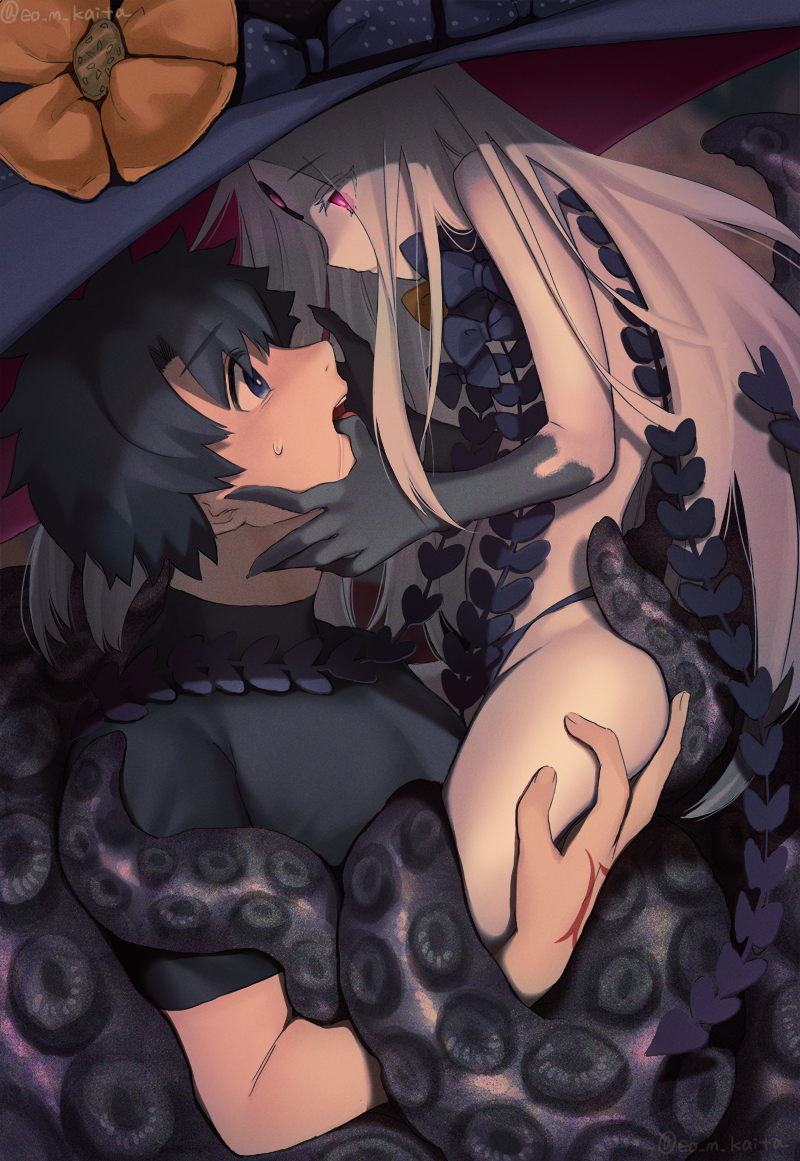 1boy 1girl abigail_williams_(fate/grand_order) bangs bare_shoulders black_bow black_hair black_headwear black_panties black_shirt blue_eyes bow breasts command_spell fate/grand_order fate_(series) finger_in_another's_mouth forehead fujimaru_ritsuka_(male) glowing glowing_eyes hat keyhole long_hair mokamilkcup multiple_bows orange_bow panties parted_bangs red_eyes shirt short_hair small_breasts tentacles thighs third_eye underwear white_hair white_skin witch_hat