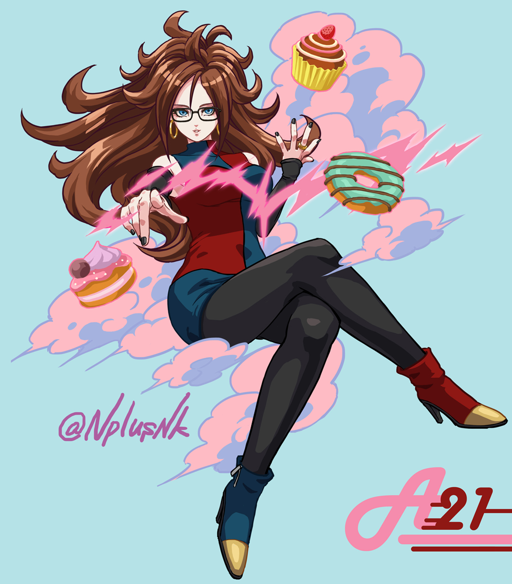 1girl android_21 aqua_background artist_name asymmetrical_footwear bare_shoulders black-framed_eyewear black_legwear black_nails blue_eyes breasts brown_hair character_name commentary_request crossed_legs cupcake doughnut dragon_ball dragon_ball_fighterz earrings energy food glasses high_heels highres hoop_earrings jewelry long_hair looking_at_viewer nail_polish naomi_(nplusn) pantyhose pointing ring solo watermark