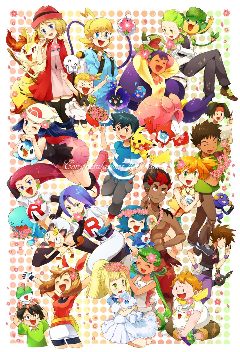 &gt;_&lt; 6+boys 6+girls alolan_form alolan_vulpix arms_up ash_ketchum axew bangs beanie bike_shorts black_gloves black_legwear black_pants black_shirt black_vest blonde_hair blue_eyes blush blush_stickers bonnie_(pokemon) braid braixen brock_(pokemon) capri_pants cilan_(pokemon) clemont_(pokemon) closed_eyes collared_shirt commentary_request cosmog croagunk crop_top dark_skin dark_skinned_male hikari_(pokemon) earrings fanny_pack flower gary_oak gen_1_pokemon gen_2_pokemon gen_3_pokemon gen_4_pokemon gen_5_pokemon gen_6_pokemon gen_7_pokemon glasses gloves green_eyes green_hair green_shirt hair_flower hair_ornament hand_up hat highres holding holding_flower holding_pokemon iris_(pokemon) james_(pokemon) jessie_(pokemon) jewelry jumpsuit kiawe_(pokemon) lana_(pokemon) legendary_pokemon lillie_(pokemon) long_hair long_sleeves mallow_(pokemon) max_(pokemon) may_(pokemon) mechanical_arm meowth misty_(pokemon) multiple_boys multiple_girls on_head on_lap on_shoulder one_eye_closed open_mouth orange_hair pansage pants pikachu pink_flower piplup pleated_skirt pokemon pokemon_(anime) pokemon_(classic_anime) pokemon_(creature) pokemon_bw_(anime) pokemon_dppt_(anime) pokemon_on_head pokemon_on_lap pokemon_on_shoulder pokemon_rse_(anime) pokemon_sm_(anime) pokemon_xy_(anime) ponytail popplio purple_hair purple_pants purple_wristband ralts red_bandana redhead rotom rotom_dex sasairebun serena_(pokemon) shirt short_sleeves skirt smile sophocles_(pokemon) starter_pokemon striped striped_shirt t-shirt team_rocket team_rocket_uniform teeth thigh-highs togedemaru togepi tongue tracey_sketchit twintails umbreon vest white_headwear white_shirt wobbuffet wristband zygarde zygarde_core