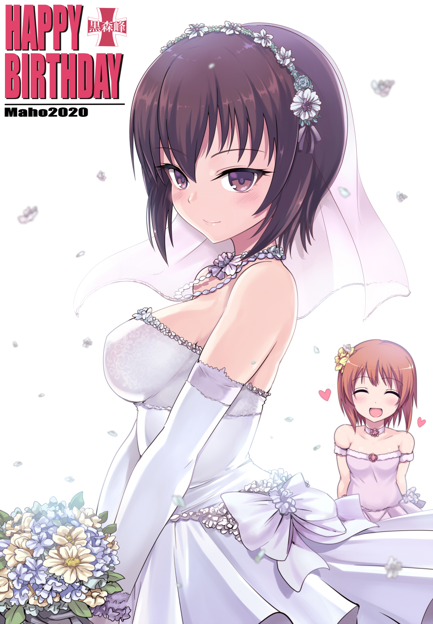 2girls :d arms_behind_back bangs bouquet bow bridal_veil brown_eyes brown_hair character_name choker closed_eyes closed_mouth commentary dated dress elbow_gloves emblem english_commentary english_text eyebrows_visible_through_hair flower girls_und_panzer gloves hair_flower hair_ornament hairband happy_birthday heart highres holding holding_bouquet jewelry kasai_shin kuromorimine_(emblem) light_blush looking_at_viewer multiple_girls necklace nishizumi_maho nishizumi_miho off-shoulder_dress off_shoulder open_mouth petals pink_choker pink_dress short_hair siblings sisters smile standing strapless strapless_dress veil wedding_dress white_background white_bow white_dress white_gloves wind