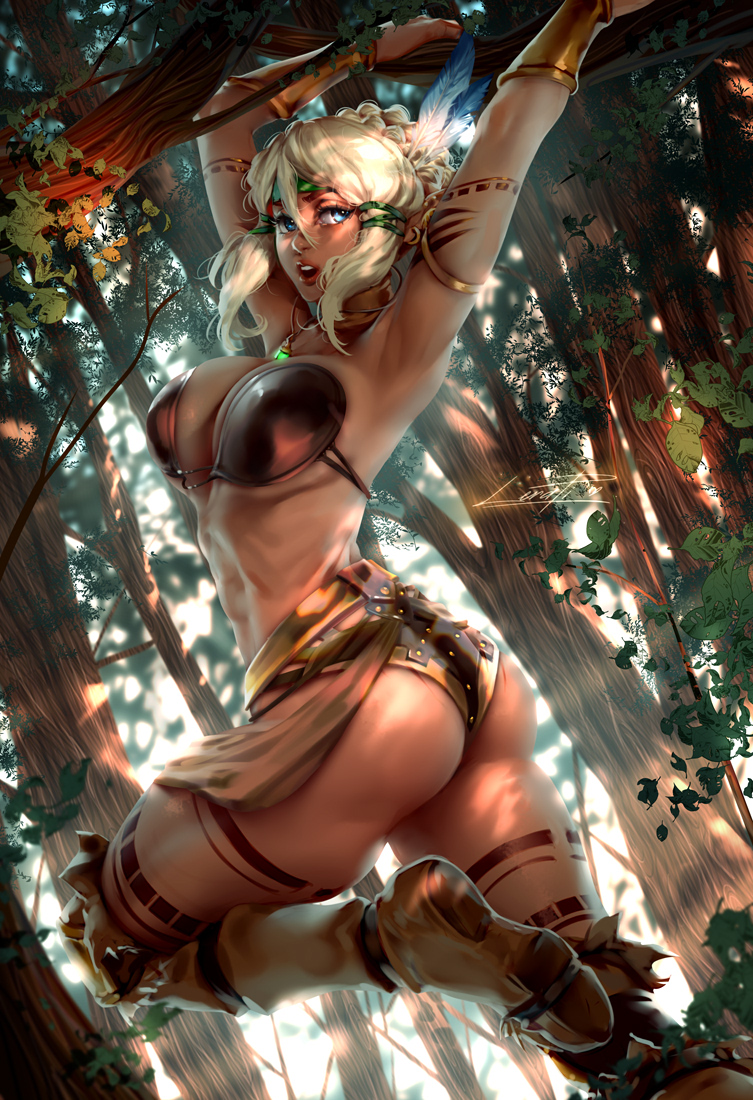 1girl arm_tattoo armlet armor armpits arms_up ass belt bikini bikini_armor blue_eyes boots braid breasts brown_footwear commentary commission crown_braid dappled_sunlight day earrings elezen elf english_commentary fictional_persona fillia_einhart_(eirgallant) final_fantasy final_fantasy_xiv forest green_headband green_ribbon hair_between_eyes hair_ribbon headband in_tree jewelry large_breasts leg_tattoo leg_up lera_pi lips looking_back loose_belt nature neck_ring necklace nose open_mouth pendant pinup_(style) platinum_blonde_hair pointy_ears ribbon solo strapless strapless_bikini sunlight swimsuit tattoo thick_eyebrows thick_thighs thigh-highs thigh_boots thighs toned tree tribal_tattoo twisted_torso updo upper_teeth vambraces